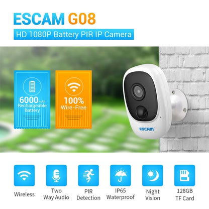 ESCAM G08 HD 1080P IP65 Waterproof PIR IP Camera without Solar Panel, Support TF Card / Night Vision / Two-way Audio (White) - Security by ESCAM | Online Shopping UK | buy2fix