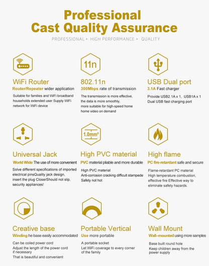VONETS WiFi-SB-L3 3 Layers with 8 Outlets + 2 USB Ports + RJ45 Port 300Mbps WiFi Repeater Smart Power Sockets, EU Plug, Cable Length: 2m(Gold) - Extension Socket by VONETS | Online Shopping UK | buy2fix