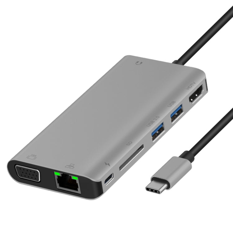 Onten 9591BD 8 in 1 USB-C / Type-C to PD USB-C / Type-C Charging + Gigabit Ethernet + Dual USB 3.0 + HDMI + VGA + SD Card Slot + 3.5mm AUX HUB(Grey) - USB HUB by Onten | Online Shopping UK | buy2fix