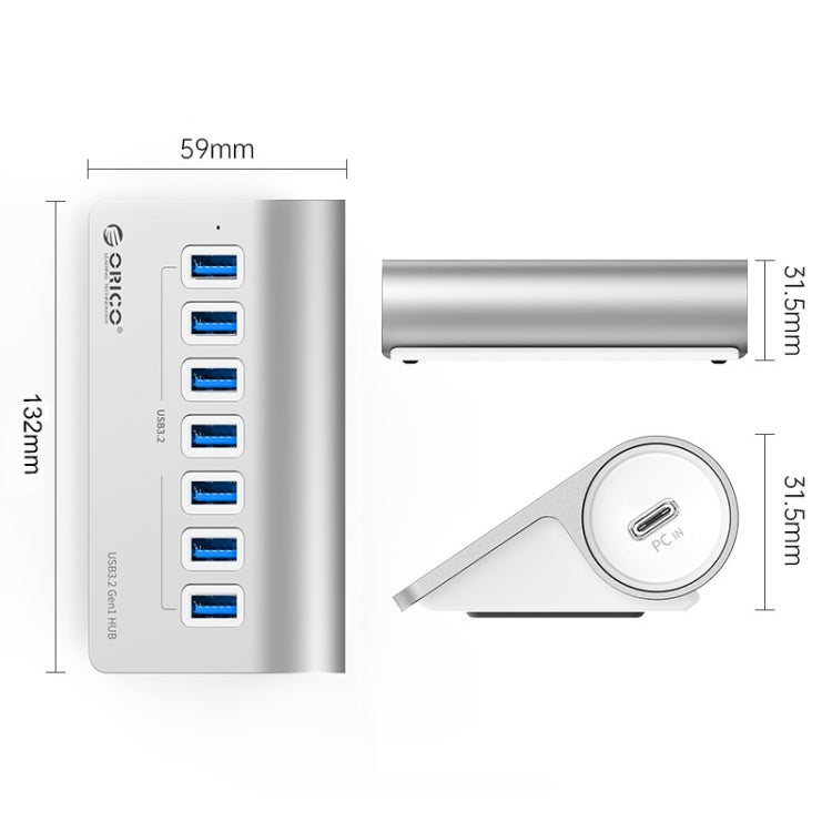 ORICO M3U7-G2 Aluminum Alloy 7-Port USB 3.2 Gen2 10Gbps HUB with 0.5m Cable (Silver) - USB 3.0 HUB by ORICO | Online Shopping UK | buy2fix