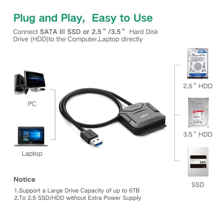 UGREEN USB 3.0 to SATA Adapter Cable Converter for 2.5 / 3.5 inch Hard Drive Disk HDD and SSD, Support UASP SATA 3.0(Black) - USB to IDE / SATA by UGREEN | Online Shopping UK | buy2fix