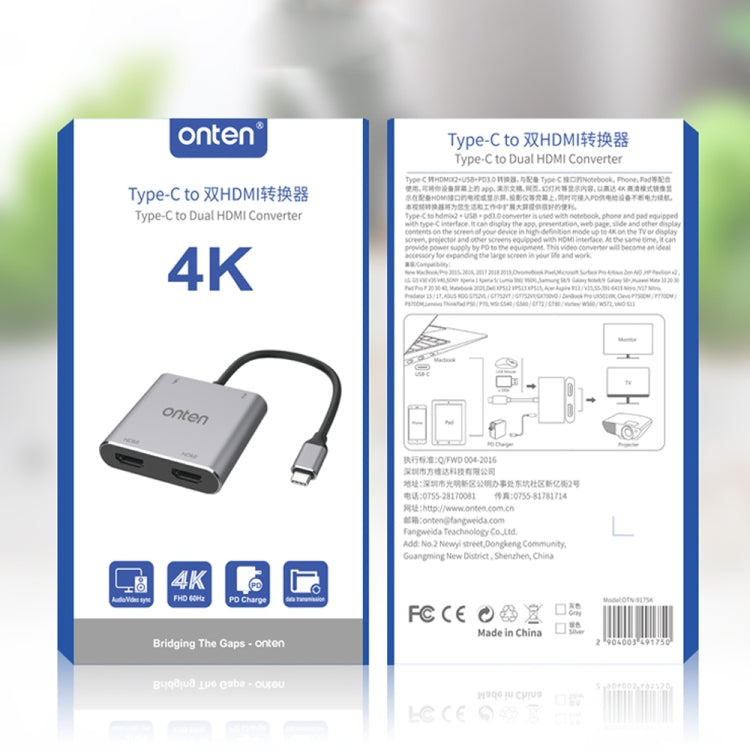 Onten 9175K 4 in 1 USB-C / Type-C to Dual HDMI + USB 3.0 + PD3.0 USB-C / Type-C Charging Port 4K HD Video Converter - Audio Adapter by Onten | Online Shopping UK | buy2fix