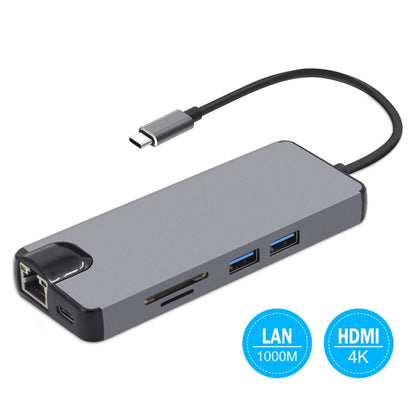 8 in 1 Type-C to HDMI + USB 3.0 + USB 3.0 + Type-C + LAN + VGA + TF/SD Card Reader Adapter(Grey) - Computer & Networking by buy2fix | Online Shopping UK | buy2fix