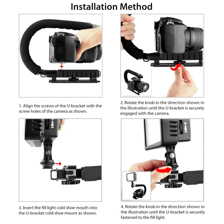 PULUZ U/C Shape Portable Handheld DV Bracket Stabilizer + LED Studio Light Kit with Cold Shoe Tripod Head  for All SLR Cameras and Home DV Camera - Camera Stabilizer by PULUZ | Online Shopping UK | buy2fix