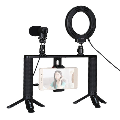 PULUZ 4 in 1 Vlogging Live Broadcast 4.7 inch 12cm Ring LED Selfie Light Smartphone Video Rig Handle Stabilizer Aluminum Bracket Kits with Microphone + Tripod Mount + Cold Shoe Tripod Head - Camera Cage by PULUZ | Online Shopping UK | buy2fix