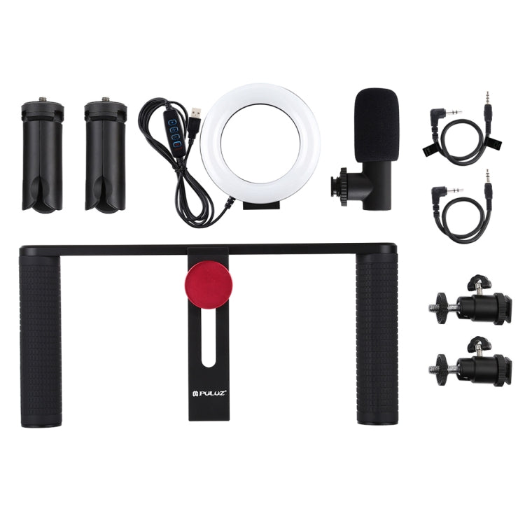PULUZ 4 in 1 Vlogging Live Broadcast 4.7 inch 12cm Ring LED Selfie Light Smartphone Video Rig Handle Stabilizer Aluminum Bracket Kits with Microphone + Tripod Mount + Cold Shoe Tripod Head - Camera Accessories by PULUZ | Online Shopping UK | buy2fix