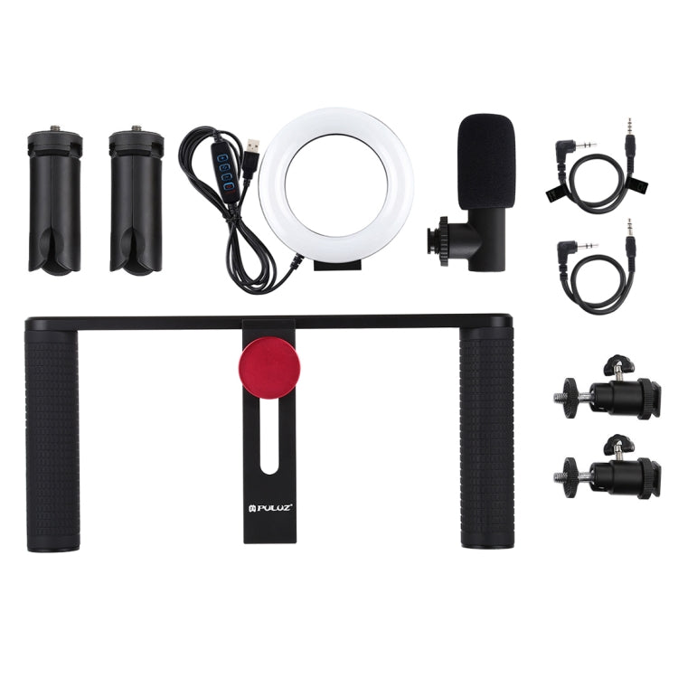 PULUZ 4 in 1 Vlogging Live Broadcast 4.7 inch 12cm Ring LED Selfie Light Smartphone Video Rig Handle Stabilizer Aluminum Bracket Kits with Microphone + Tripod Mount + Cold Shoe Tripod Head - Camera Cage by PULUZ | Online Shopping UK | buy2fix