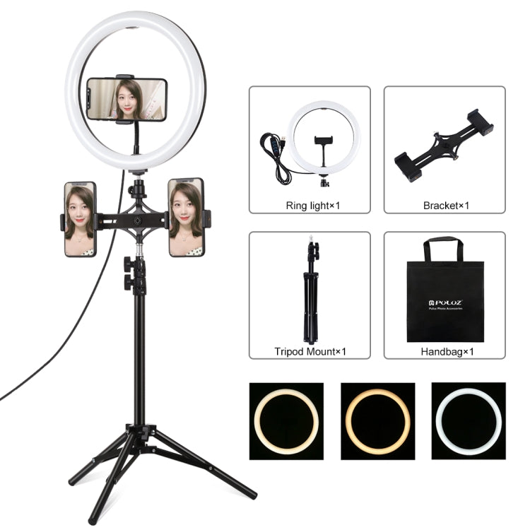 PULUZ 11.8 inch 30cm Light + 1.1m Tripod Mount + Dual Phone Brackets Curved Surface USB 3 Modes Dimmable Dual Color Temperature LED Ring Vlogging Video Light Live Broadcast Kits with Phone Clamp(Black) - Ring Light by PULUZ | Online Shopping UK | buy2fix