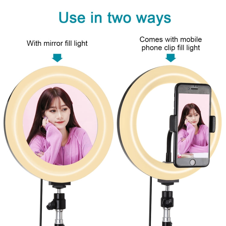 PULUZ 7.9 inch 20cm Mirror Light+ 1.1m Tripod Mount USB 3 Modes Dimmable Dual Color Temperature LED Curved Light Ring Vlogging Selfie Photography Video Lights with Mirror & Phone Clamp(Black) - Ring Light by PULUZ | Online Shopping UK | buy2fix