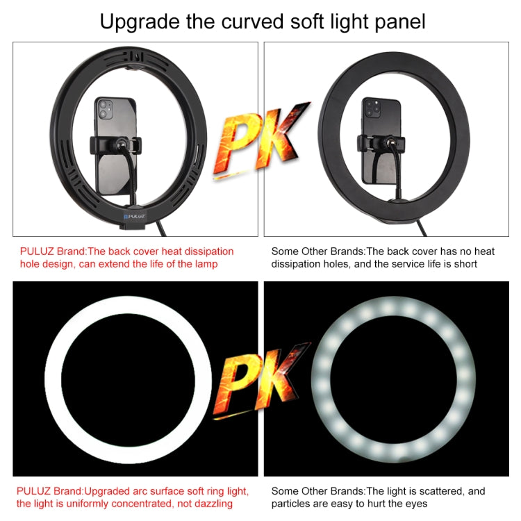 PULUZ 7.9 inch 20cm Ring Curved Light + Desktop Arm Stand USB 3 Modes Dimmable Dual Color Temperature LED Vlogging Selfie Photography Video Lights with Phone Clamp(Black) - Ring Light by PULUZ | Online Shopping UK | buy2fix