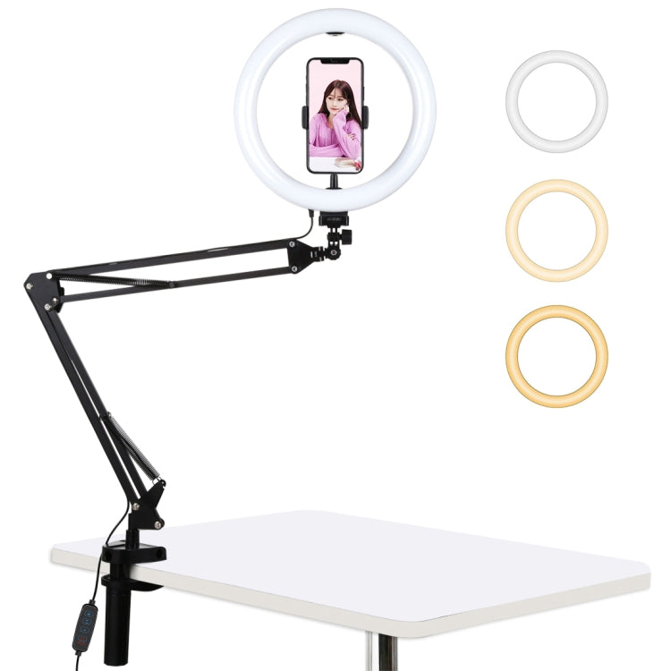 PULUZ 10.2 inch 26cm Ring Curved Light + Desktop Arm Stand USB 3 Modes Dimmable Dual Color Temperature LED Vlogging Selfie Photography Video Lights with Phone Clamp(Black) - Ring Light by PULUZ | Online Shopping UK | buy2fix