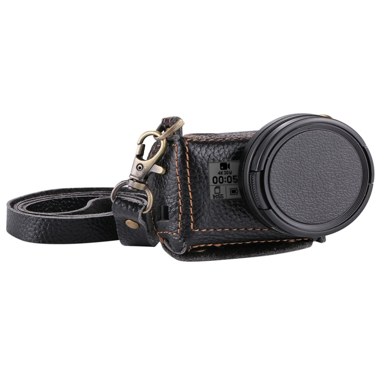 PULUZ for GoPro HERO7 Black /6 /5 Litchi Texture Genuine Leather Housing Case with Set Key Hole & Neck Strap & 52mm UV Lens(Black) - Leather Cases by PULUZ | Online Shopping UK | buy2fix