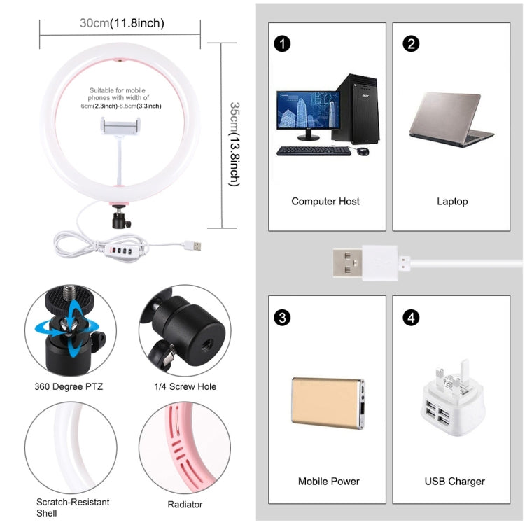 PULUZ 11.8 inch 30cm USB 3 Modes Dimmable Dual Color Temperature LED Curved Diffuse Light Ring Vlogging Selfie Photography Video Lights with Phone Clamp(Pink) - Ring Light by PULUZ | Online Shopping UK | buy2fix