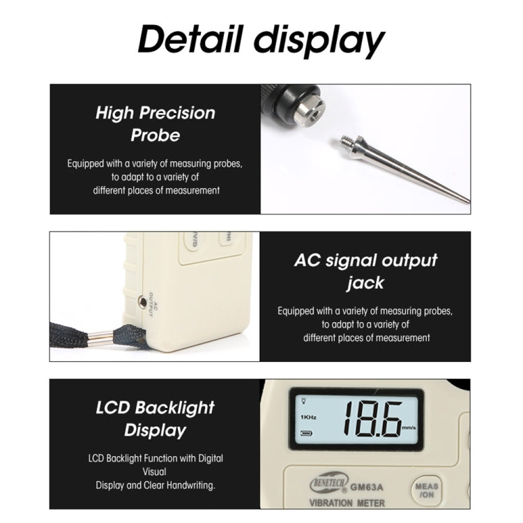 BENETECH GM63A Vibration Meter Digital Tester Vibrometer Analyzer Acceleration Velocity(White) - Other Tester Tool by BENETECH | Online Shopping UK | buy2fix