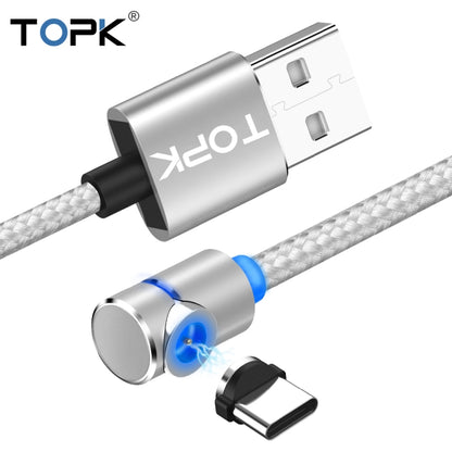 TOPK 2m 2.4A Max USB to USB-C / Type-C 90 Degree Elbow Magnetic Charging Cable with LED Indicator(Silver) - Mobile Accessories by TOPK | Online Shopping UK | buy2fix