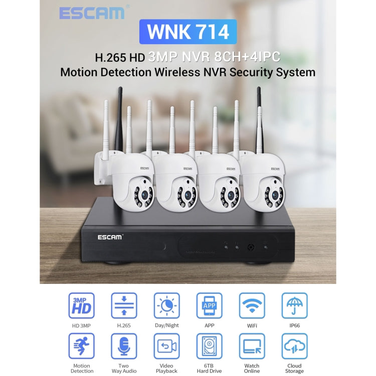 ESCAM WNK714 3.0 Million Pixels 4-channel HD Dome Camera NVR Wireless Monitoring Kit, US Plug - Security by ESCAM | Online Shopping UK | buy2fix