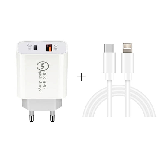 SDC-18W 18W PD 3.0 Type-C / USB-C + QC 3.0 USB Dual Fast Charging Universal Travel Charger with Type-C / USB-C to 8 Pin Fast Charging Data Cable, EU PLUG - USB Charger by buy2fix | Online Shopping UK | buy2fix