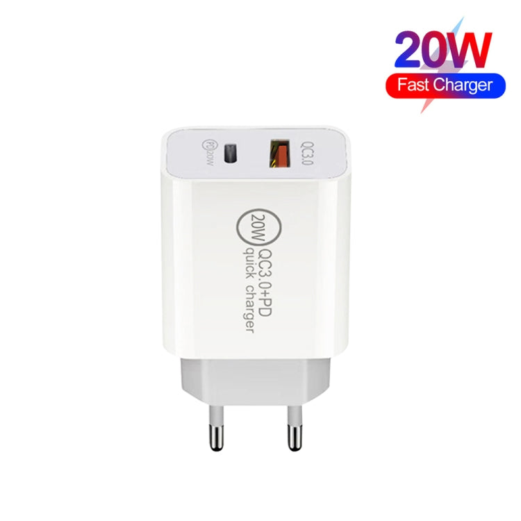 20W PD Type-C + QC 3.0 USB Interface Fast Charging Travel Charger with USB-C / Type-C to 8 Pin Fast Charge Data Cable EU Plug - USB Charger by buy2fix | Online Shopping UK | buy2fix