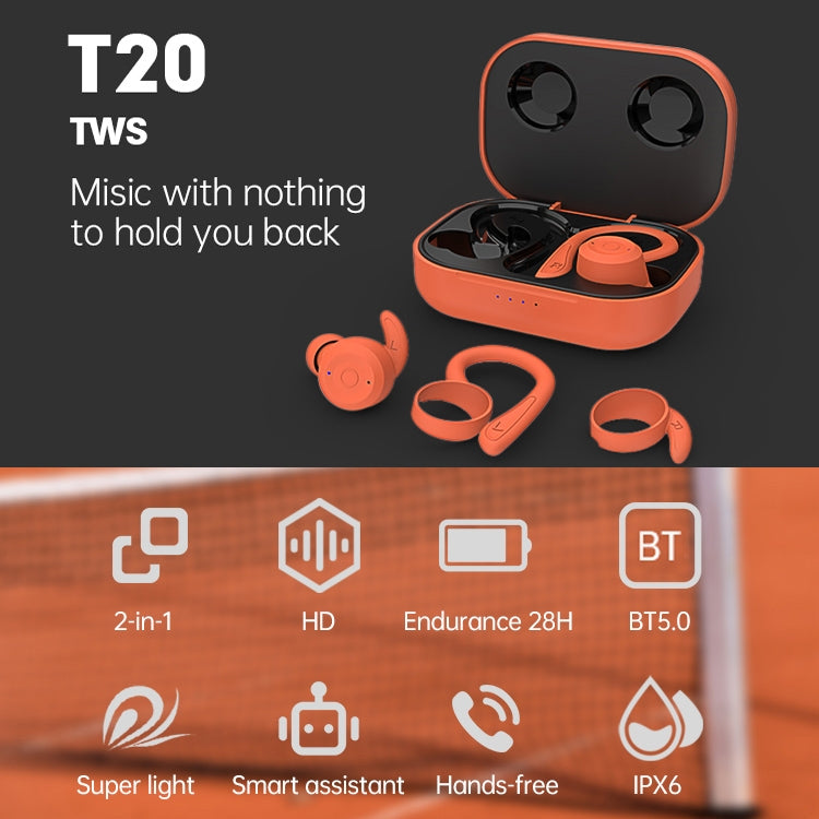 T20 TWS Bluetooth Hooks Wireless Sports Headphones with Charging Box IPX6 Waterproof Noise-cancelling Earphones(Black) - Bluetooth Earphone by buy2fix | Online Shopping UK | buy2fix