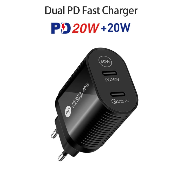 40W Dual Port PD / Type-C Fast Charger for iPhone / iPad Series, EU Plug(Black) - USB Charger by buy2fix | Online Shopping UK | buy2fix