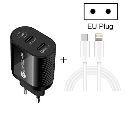 40W Dual Port PD / Type-C Fast Charger with Type-C to 8 Pin Data Cable, EU Plug(Black) - USB Charger by buy2fix | Online Shopping UK | buy2fix