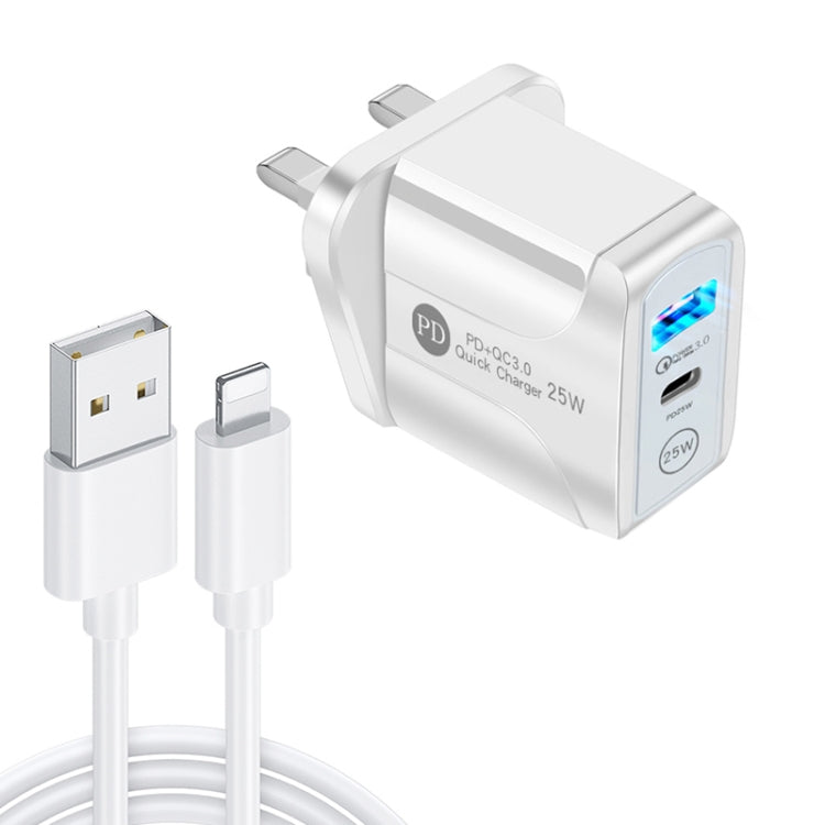 PD25W USB-C / Type-C + QC3.0 USB Dual Ports Fast Charger with USB to 8 Pin Data Cable, UK Plug(White) - USB Charger by buy2fix | Online Shopping UK | buy2fix