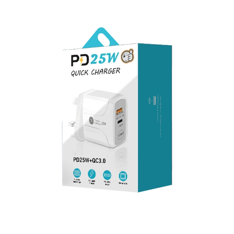 PD25W USB-C / Type-C + QC3.0 USB Dual Ports Fast Charger with USB to 8 Pin Data Cable, UK Plug(White) - USB Charger by buy2fix | Online Shopping UK | buy2fix