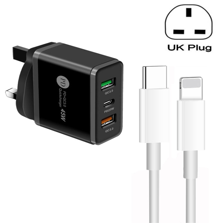 45W PD3.0 + 2 x QC3.0 USB Multi Port Charger with Type-C to 8 Pin Cable, UK Plug(Black) - USB Charger by buy2fix | Online Shopping UK | buy2fix