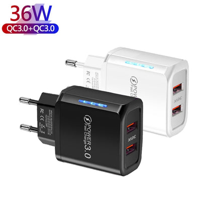 36W Dual Port QC3.0 USB Mobile Phone Charger Dual 18W Output, EU Plug(Black) - USB Charger by buy2fix | Online Shopping UK | buy2fix