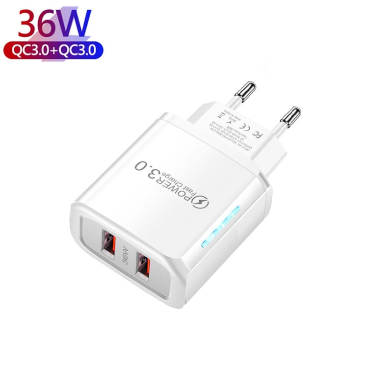 36W Dual Port QC3.0 USB Charger with 3A USB to 8 Pin Data Cable, EU Plug(White) - Apple Accessories by buy2fix | Online Shopping UK | buy2fix