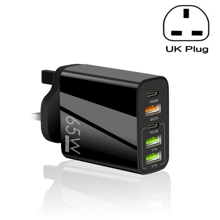 65W Dual PD Type-C + 3 x USB Multi Port Charger for Phone and Tablet PC, UK Plug(Black) - Apple Accessories by buy2fix | Online Shopping UK | buy2fix