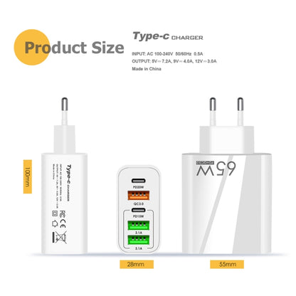 65W Dual PD Type-C + 3 x USB Multi Port Charger with 3A Type-C to Type-C Data Cable, EU Plug(White) - USB Charger by buy2fix | Online Shopping UK | buy2fix