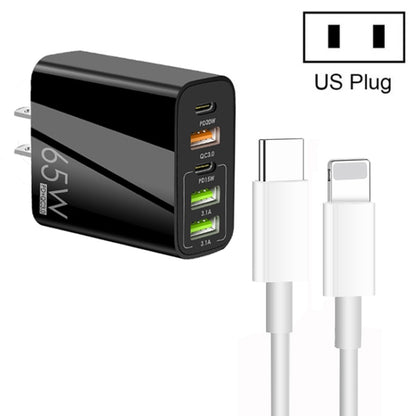 65W Dual PD Type-C + 3 x USB Multi Port Charger with 3A Type-C to 8 Pin Data Cable, US Plug(Black) - USB Charger by buy2fix | Online Shopping UK | buy2fix