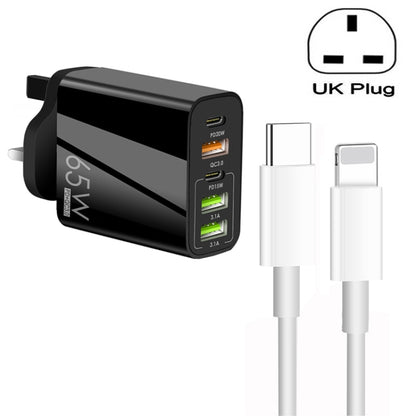 65W Dual PD Type-C + 3 x USB Multi Port Charger with 3A Type-C to 8 Pin Data Cable, UK Plug(Black) - USB Charger by buy2fix | Online Shopping UK | buy2fix