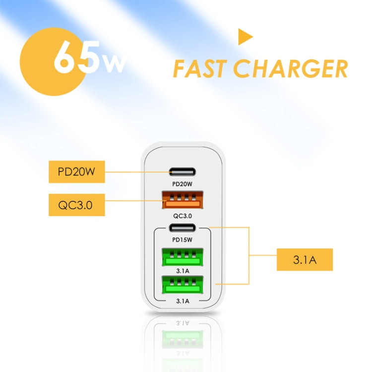 65W Dual PD Type-C + 3 x USB Multi Port Charger with 3A Type-C to 8 Pin Data Cable, UK Plug(Black) - USB Charger by buy2fix | Online Shopping UK | buy2fix