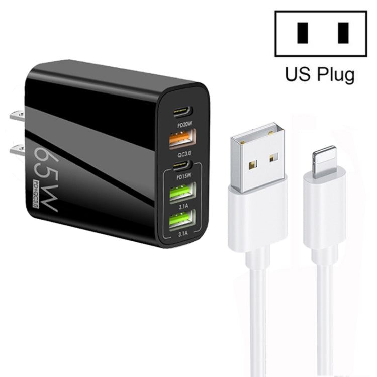 65W Dual PD Type-C + 3 x USB Multi Port Charger with 3A USB to 8 Pin Data Cable, US Plug(Black) - USB Charger by buy2fix | Online Shopping UK | buy2fix