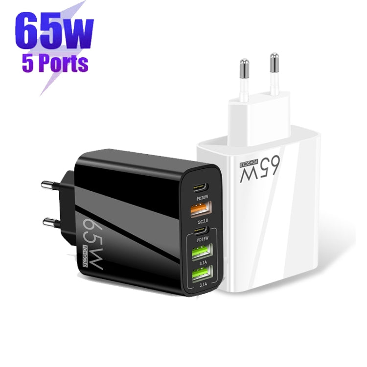 65W Dual PD Type-C + 3 x USB Multi Port Charger with 3A USB to 8 Pin Data Cable, EU Plug(Black) - USB Charger by buy2fix | Online Shopping UK | buy2fix