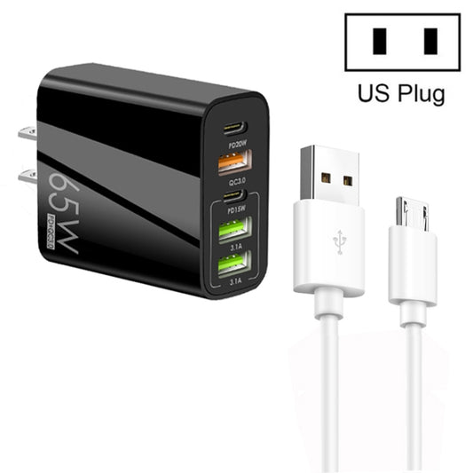65W Dual PD Type-C + 3 x USB Multi Port Charger with 3A USB to Micro USB Data Cable, US Plug(Black) - Mobile Accessories by buy2fix | Online Shopping UK | buy2fix