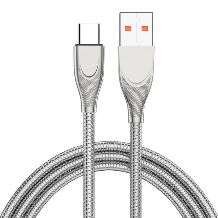 ENKAY ENK-CB132 USB to USB-C / Type-C Carbon Steel Hose Spring 6A Supper Fast Charging Data Cable, Length:1m(Silver) - USB-C & Type-C Cable by ENKAY | Online Shopping UK | buy2fix