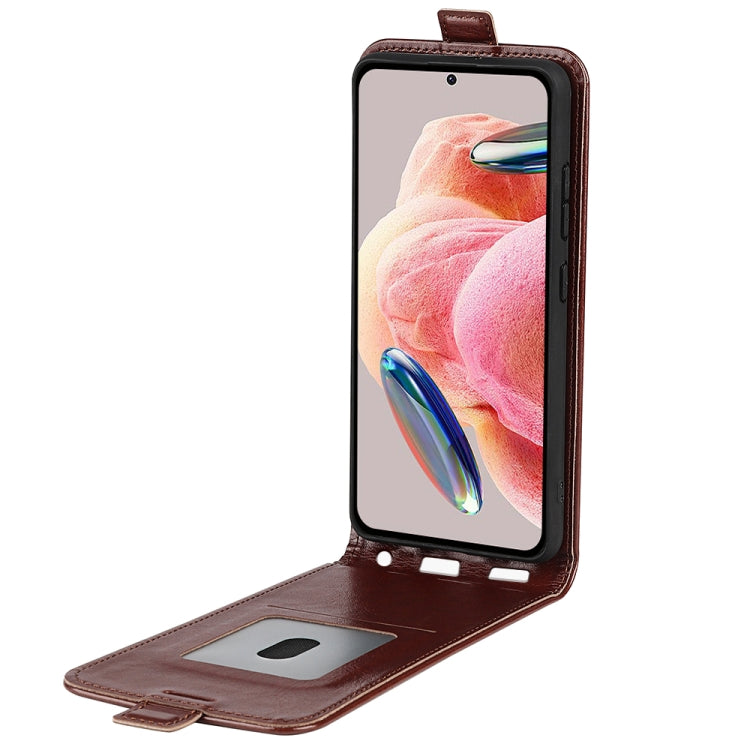 For Xiaomi Redmi Note 12 4G Global R64 Texture Vertical Flip Leather Phone Case(Brown) - Note 12 Cases by buy2fix | Online Shopping UK | buy2fix