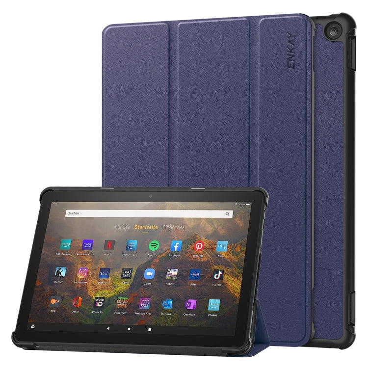 For Amazon Fire HD 10 2023 ENKAY ENKAY Tri-fold Custer Texture Leather Smart Tablet Case(Dark Blue) - Amazon by ENKAY | Online Shopping UK | buy2fix