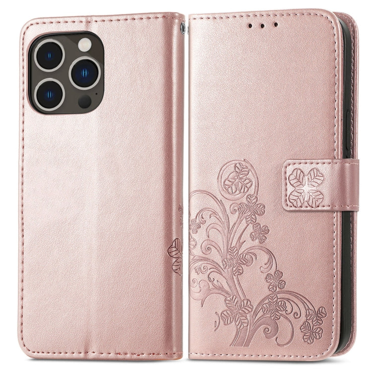 For iPhone 15 Pro Four-leaf Clasp Embossed Buckle Leather Phone Case(Rose Gold) - iPhone 15 Pro Cases by buy2fix | Online Shopping UK | buy2fix