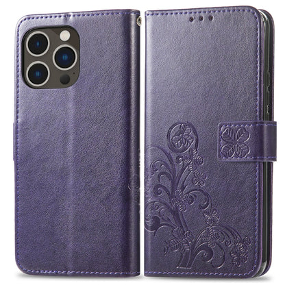 For iPhone 15 Pro Four-leaf Clasp Embossed Buckle Leather Phone Case(Purple) - iPhone 15 Pro Cases by buy2fix | Online Shopping UK | buy2fix
