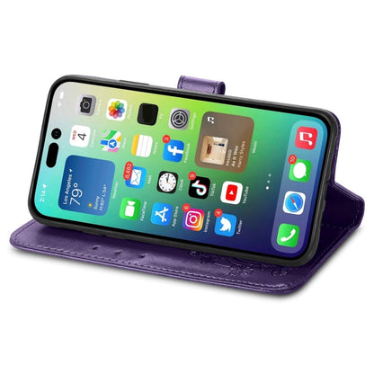 For iPhone 15 Pro Four-leaf Clasp Embossed Buckle Leather Phone Case(Purple) - iPhone 15 Pro Cases by buy2fix | Online Shopping UK | buy2fix