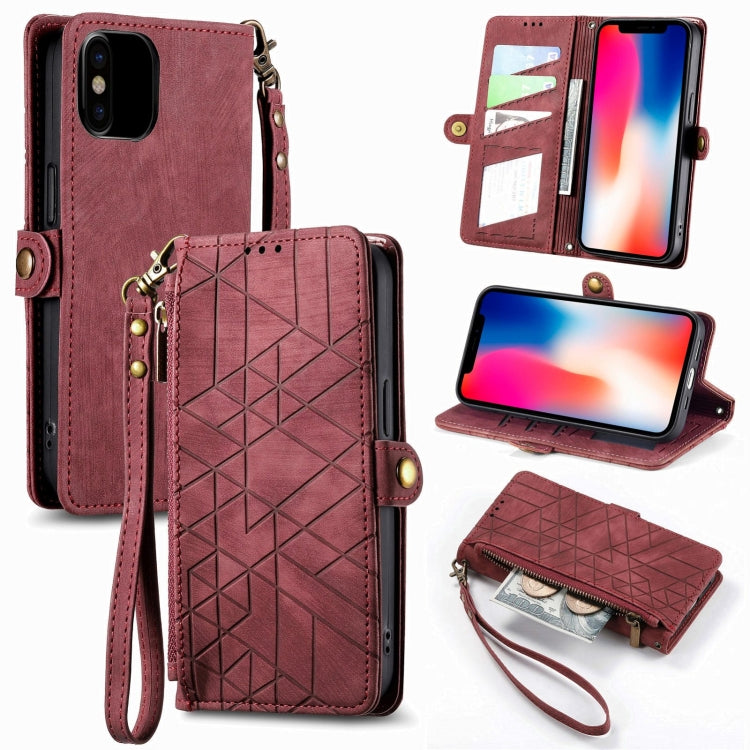 For iPhone X / XS Geometric Zipper Wallet Side Buckle Leather Phone Case(Red) - More iPhone Cases by buy2fix | Online Shopping UK | buy2fix
