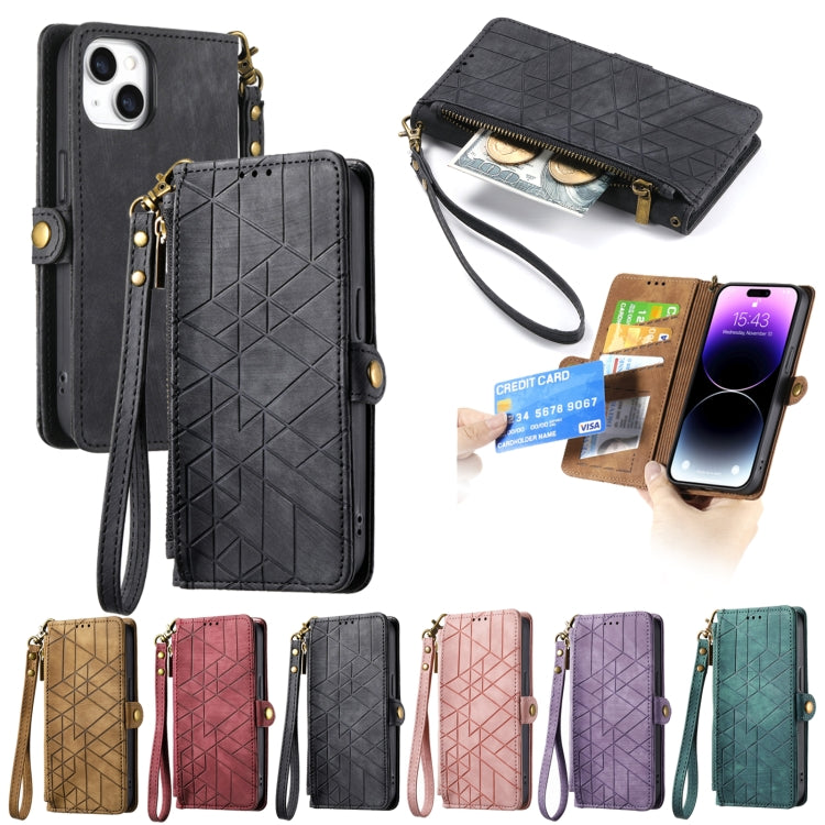 For iPhone 15 Geometric Zipper Wallet Side Buckle Leather Phone Case(Black) - iPhone 15 Cases by buy2fix | Online Shopping UK | buy2fix