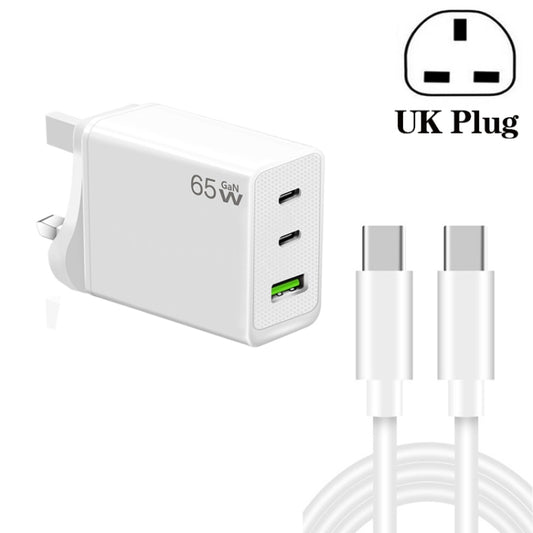 GaN PD65W Type-C x 2 + USB3.0 Charger with Type-C to Type-C Data Cable ,UK Plug(White) - USB Charger by buy2fix | Online Shopping UK | buy2fix