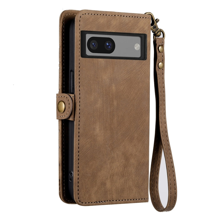 For Google Pixel 6A Geometric Zipper Wallet Side Buckle Leather Phone Case(Brown) - Google Cases by buy2fix | Online Shopping UK | buy2fix