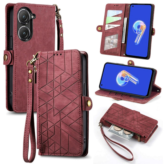 For ASUS Zenfone 9 Geometric Zipper Wallet Side Buckle Leather Phone Case(Red) - ASUS Cases by buy2fix | Online Shopping UK | buy2fix