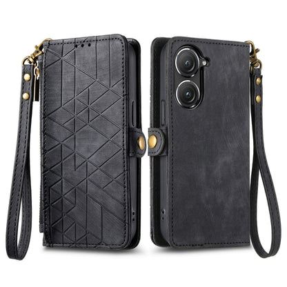 For ASUS Zenfone 10 Geometric Zipper Wallet Side Buckle Leather Phone Case(Black) - ASUS Cases by buy2fix | Online Shopping UK | buy2fix